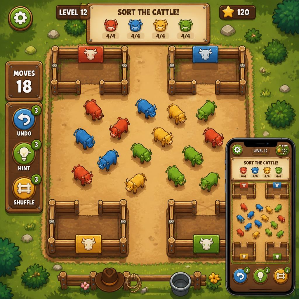 Colorful cattle sorting arcade game with matching pens