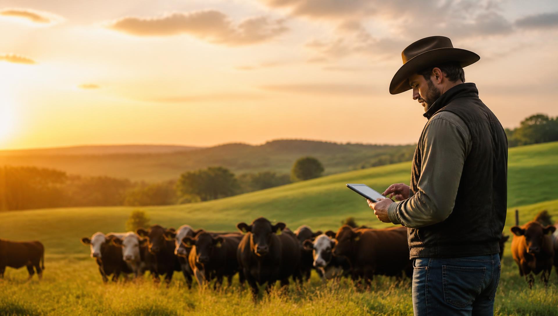 Rancher using a tablet to record cattle operations at sunrise